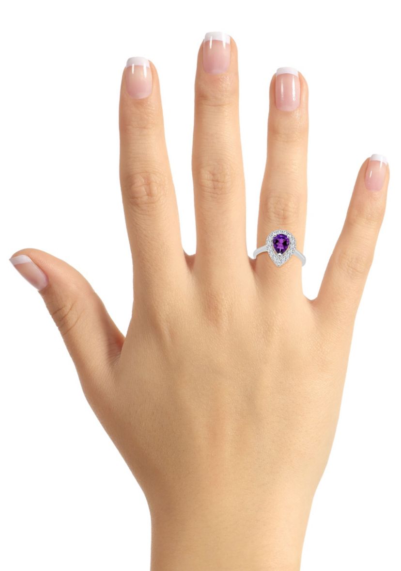 Sterling Silver 8x5mm Pear Shape Amethyst And White Topaz Halo Ring
