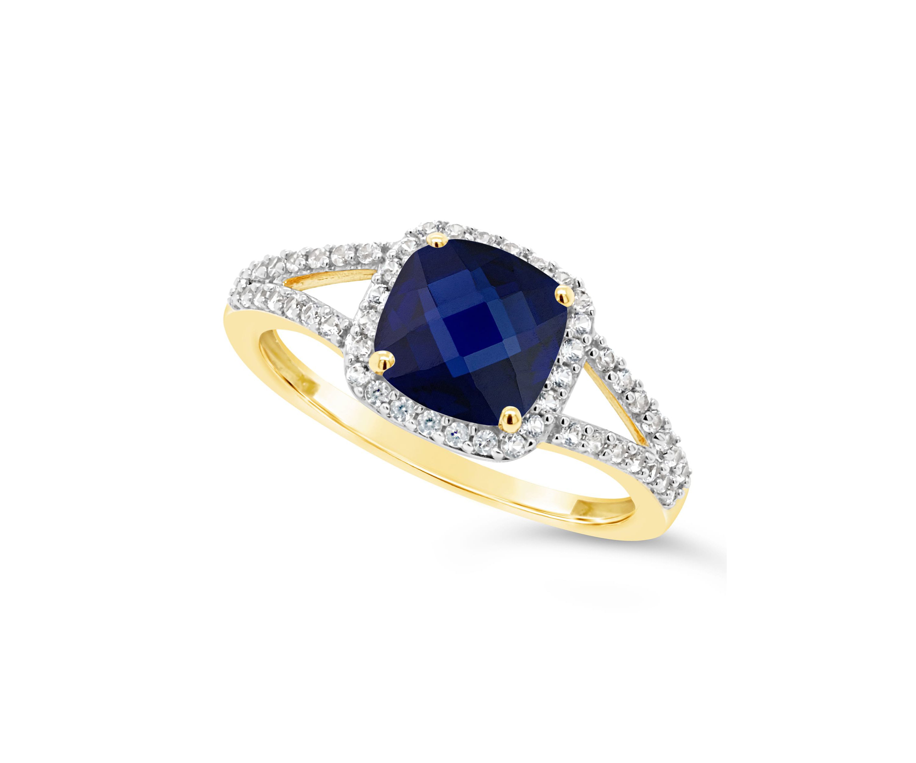 Lab Created 10K Yellow Gold 7mm Cushion Created Sapphire And Created White Sapphire Halo Ring