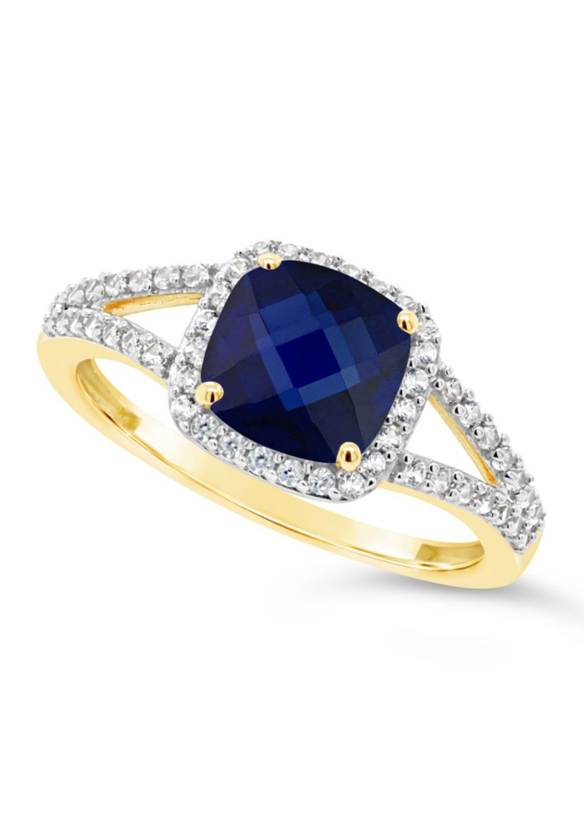Lab Created 10K Yellow Gold 7mm Cushion Created Sapphire And Created White Sapphire Halo Ring
