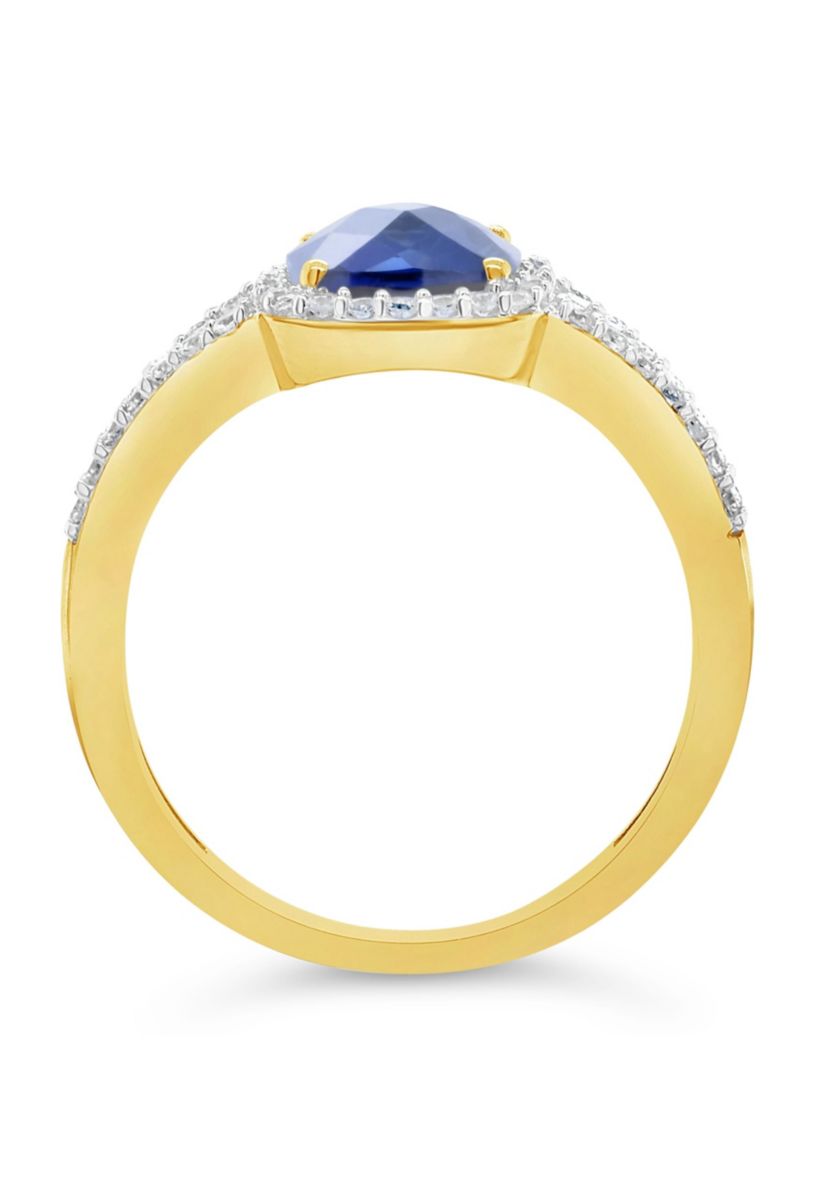 Lab Created 10K Yellow Gold 7mm Cushion Created Sapphire And Created White Sapphire Halo Ring