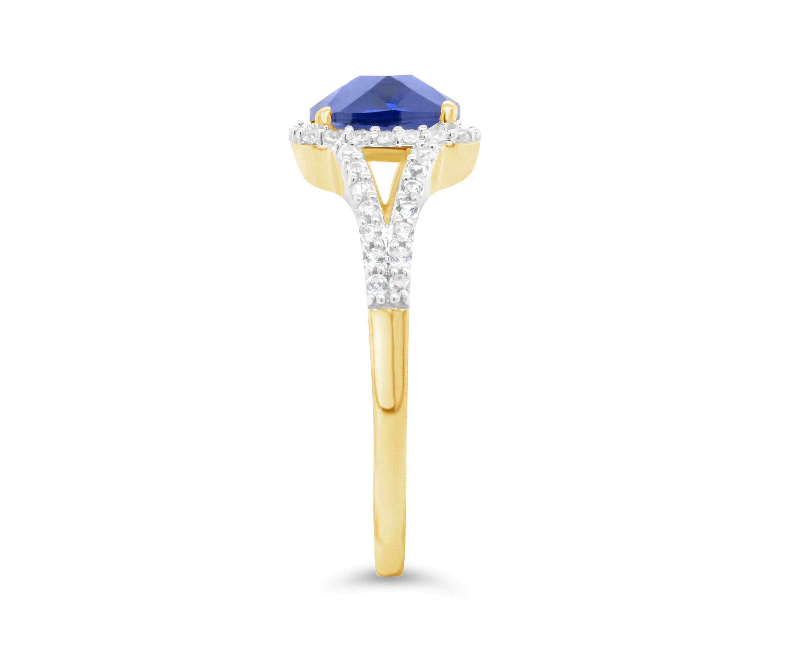 Lab Created 10K Yellow Gold 7mm Cushion Created Sapphire And Created White Sapphire Halo Ring