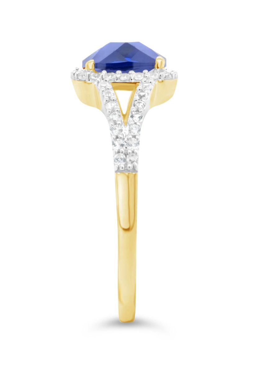 Lab Created 10K Yellow Gold 7mm Cushion Created Sapphire And Created White Sapphire Halo Ring