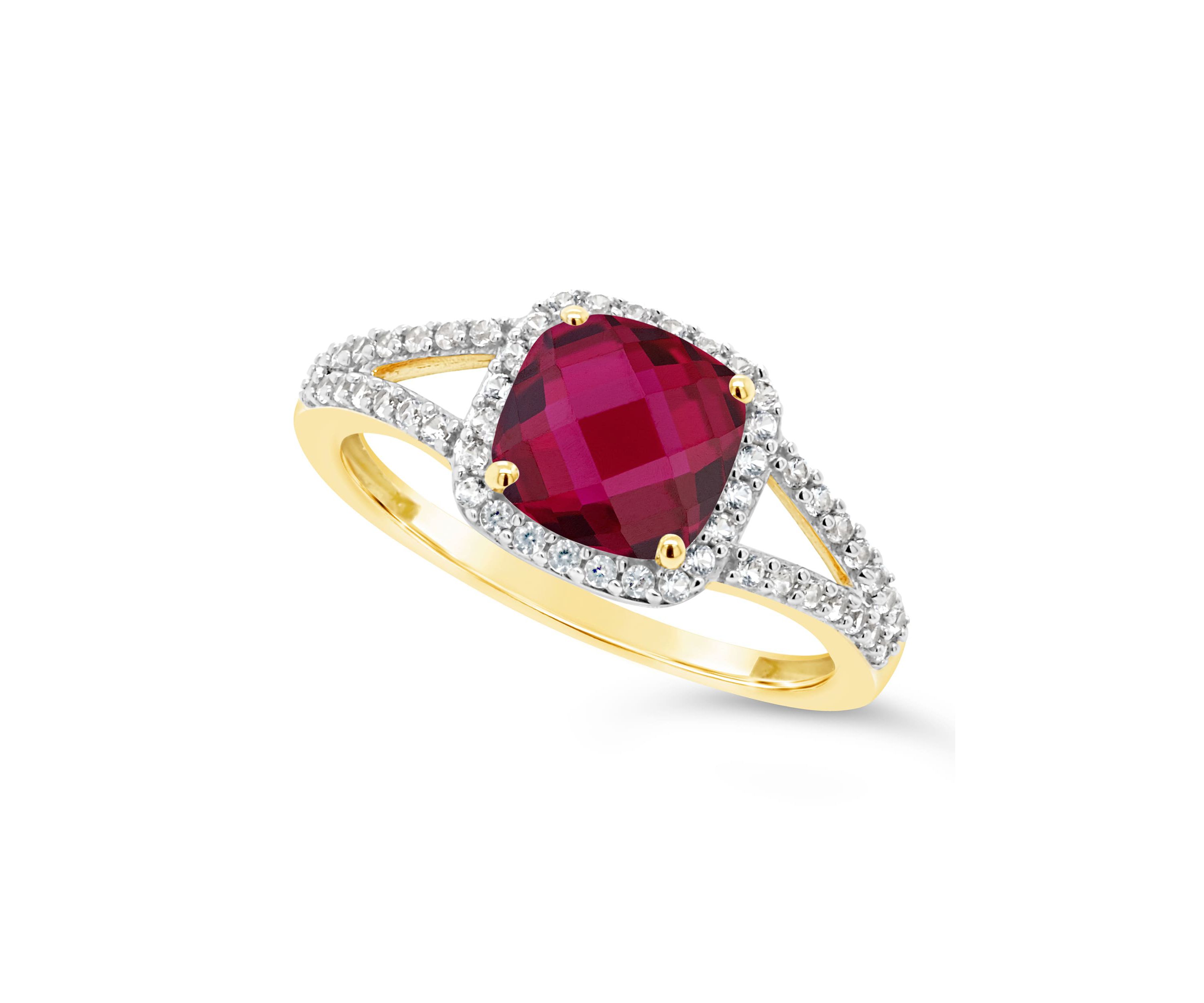 Lab Created 10K Yellow Gold 7mm Cushion Created Ruby And Created White Sapphire Halo Ring