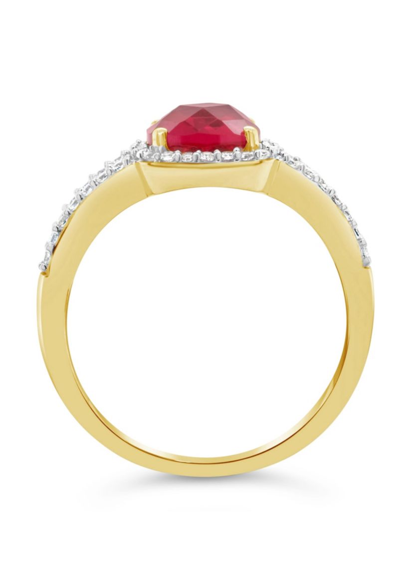 Lab Created 10K Yellow Gold 7mm Cushion Created Ruby And Created White Sapphire Halo Ring