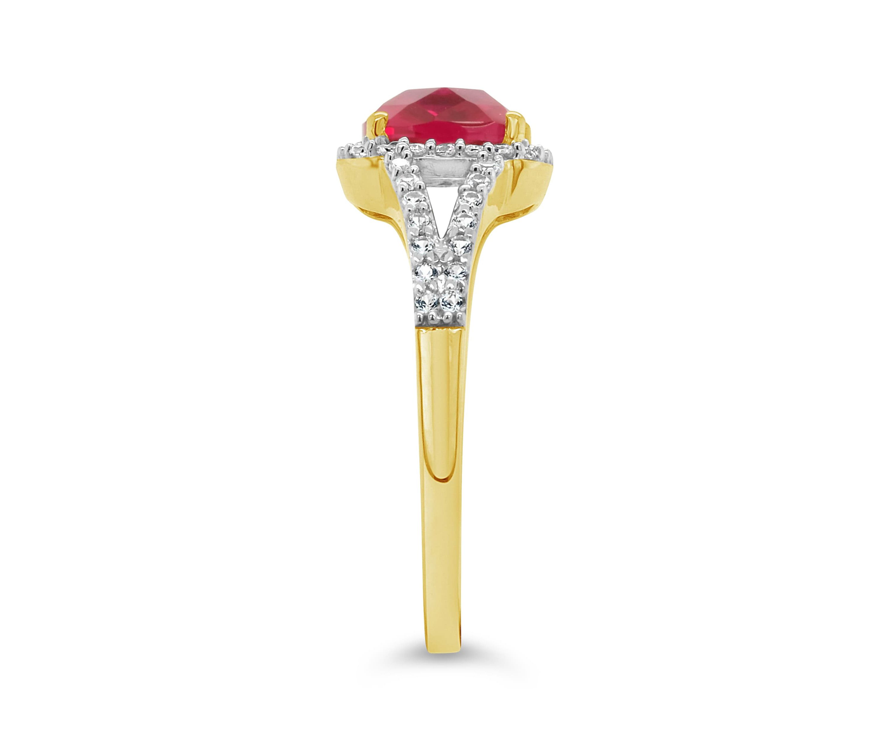 Lab Created 10K Yellow Gold 7mm Cushion Created Ruby And Created White Sapphire Halo Ring