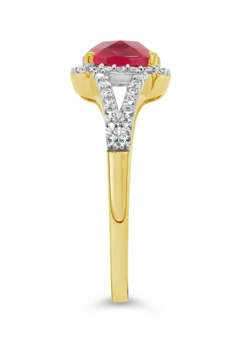 Lab Created 10K Yellow Gold 7mm Cushion Created Ruby And Created White Sapphire Halo Ring