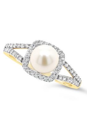 10K Yellow Gold 7mm Round Pearl And Created White Sapphire Halo Ring