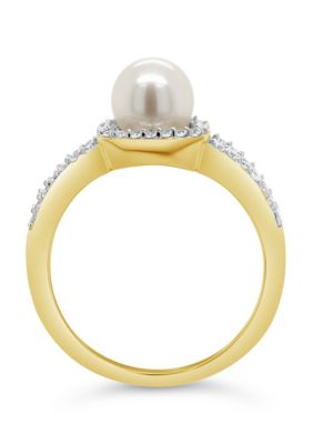 10K Yellow Gold 7mm Round Pearl And Created White Sapphire Halo Ring