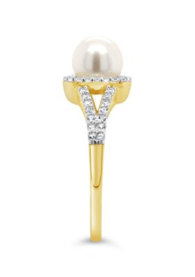 10K Yellow Gold 7mm Round Pearl And Created White Sapphire Halo Ring