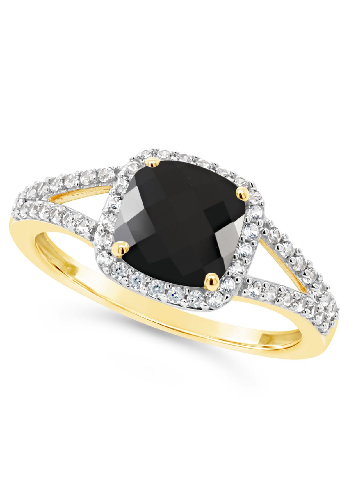 10K Yellow Gold 7mm Cushion Black Onyx And Created White Sapphire Halo Ring