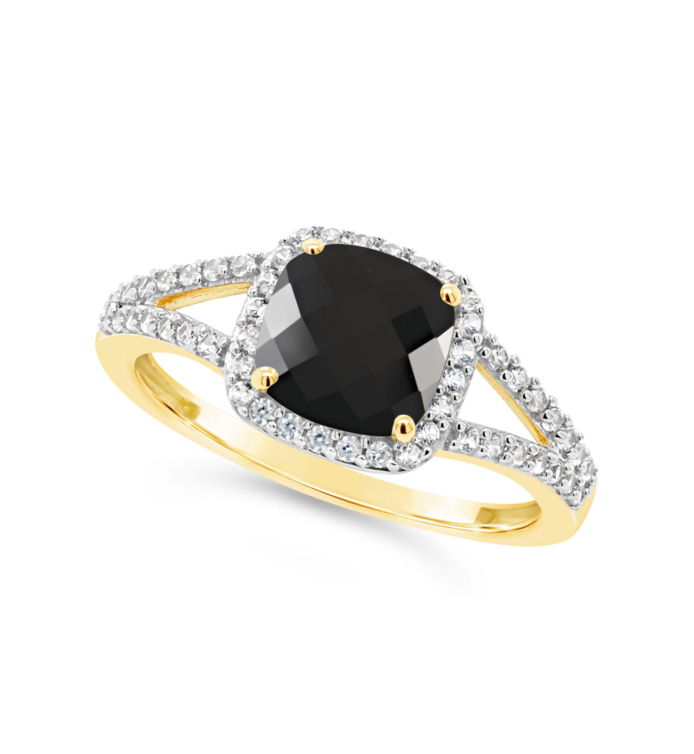 10K Yellow Gold 7mm Cushion Black Onyx And Created White Sapphire Halo Ring