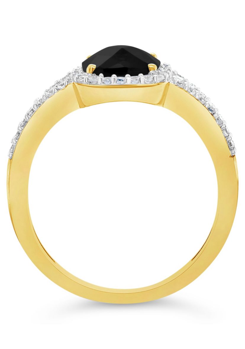 10K Yellow Gold 7mm Cushion Black Onyx And Created White Sapphire Halo Ring