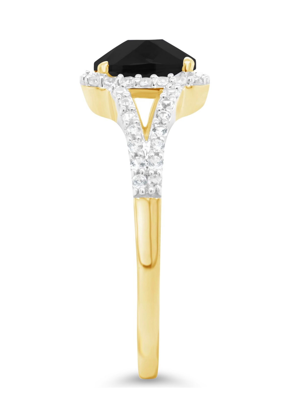 10K Yellow Gold 7mm Cushion Black Onyx And Created White Sapphire Halo Ring