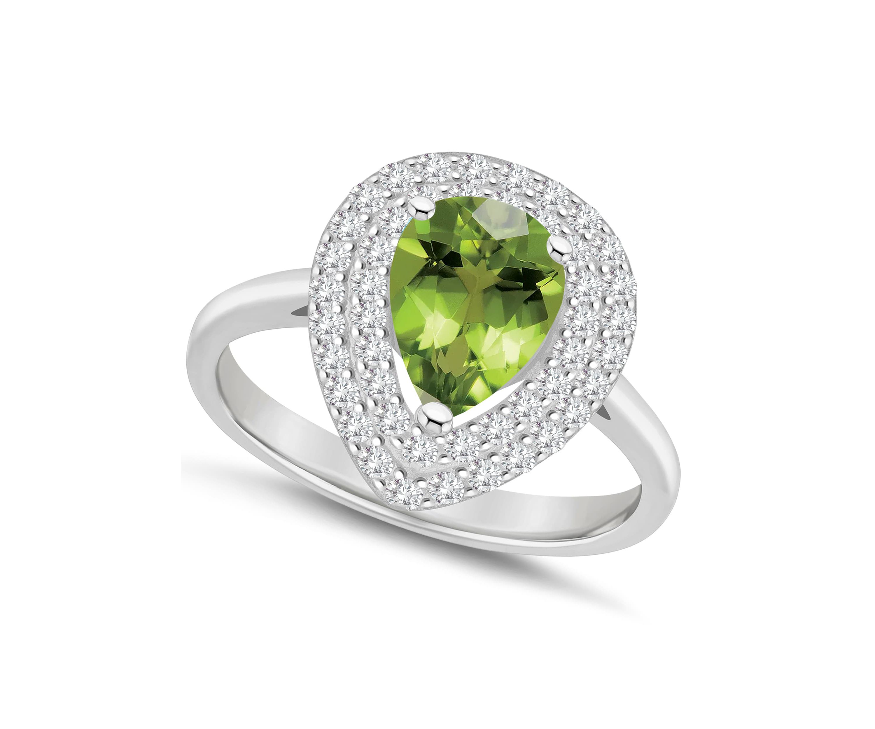 Sterling Silver 8x5mm Pear Shape Peridot And White Topaz Double Halo Ring