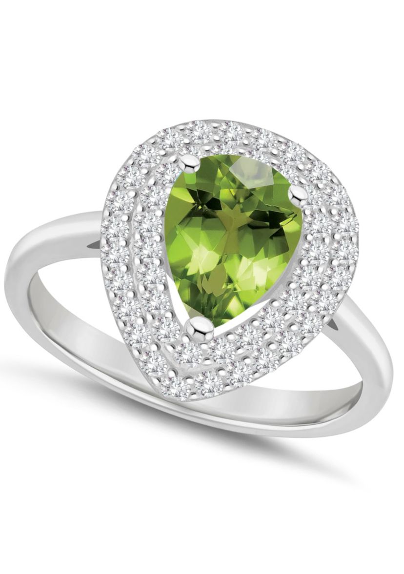 Sterling Silver 8x5mm Pear Shape Peridot And White Topaz Double Halo Ring