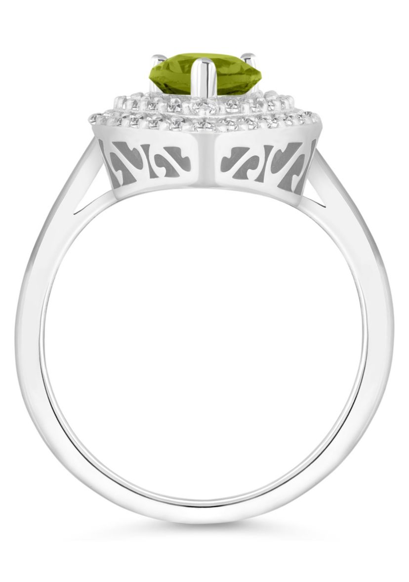 Sterling Silver 8x5mm Pear Shape Peridot And White Topaz Double Halo Ring