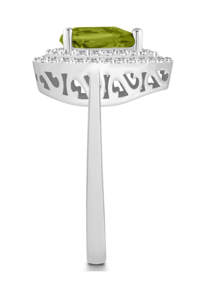 Sterling Silver 8x5mm Pear Shape Peridot And White Topaz Double Halo Ring