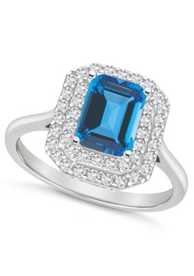 Sterling Silver 8x6mm Emerald Cut Blue Topaz And White Double Halo Ring