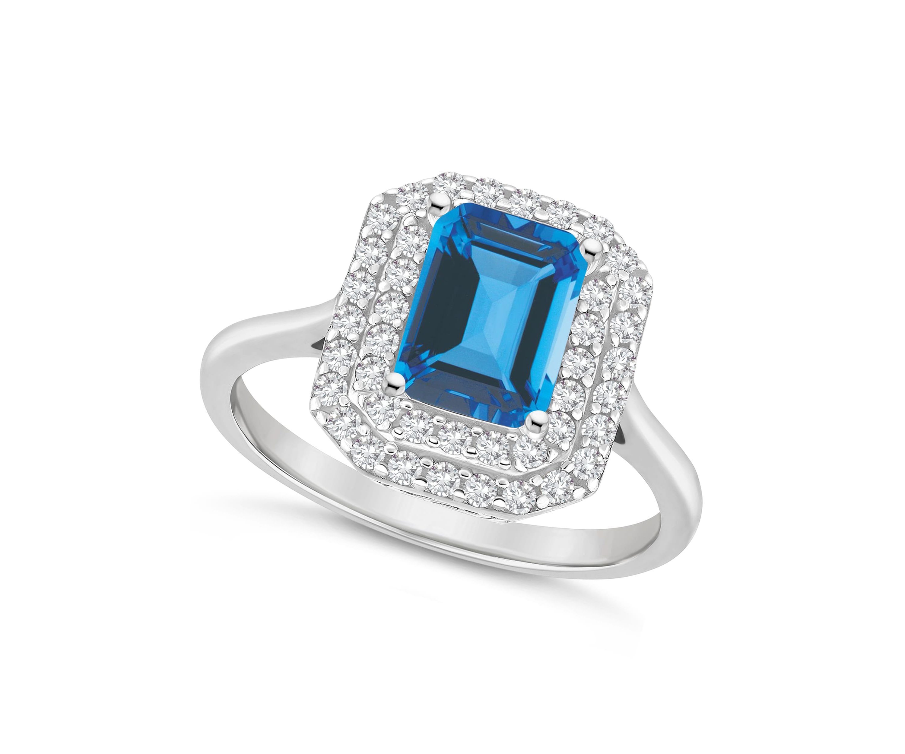 Sterling Silver 8x6mm Emerald Cut Blue Topaz And White Topaz Double Halo Ring