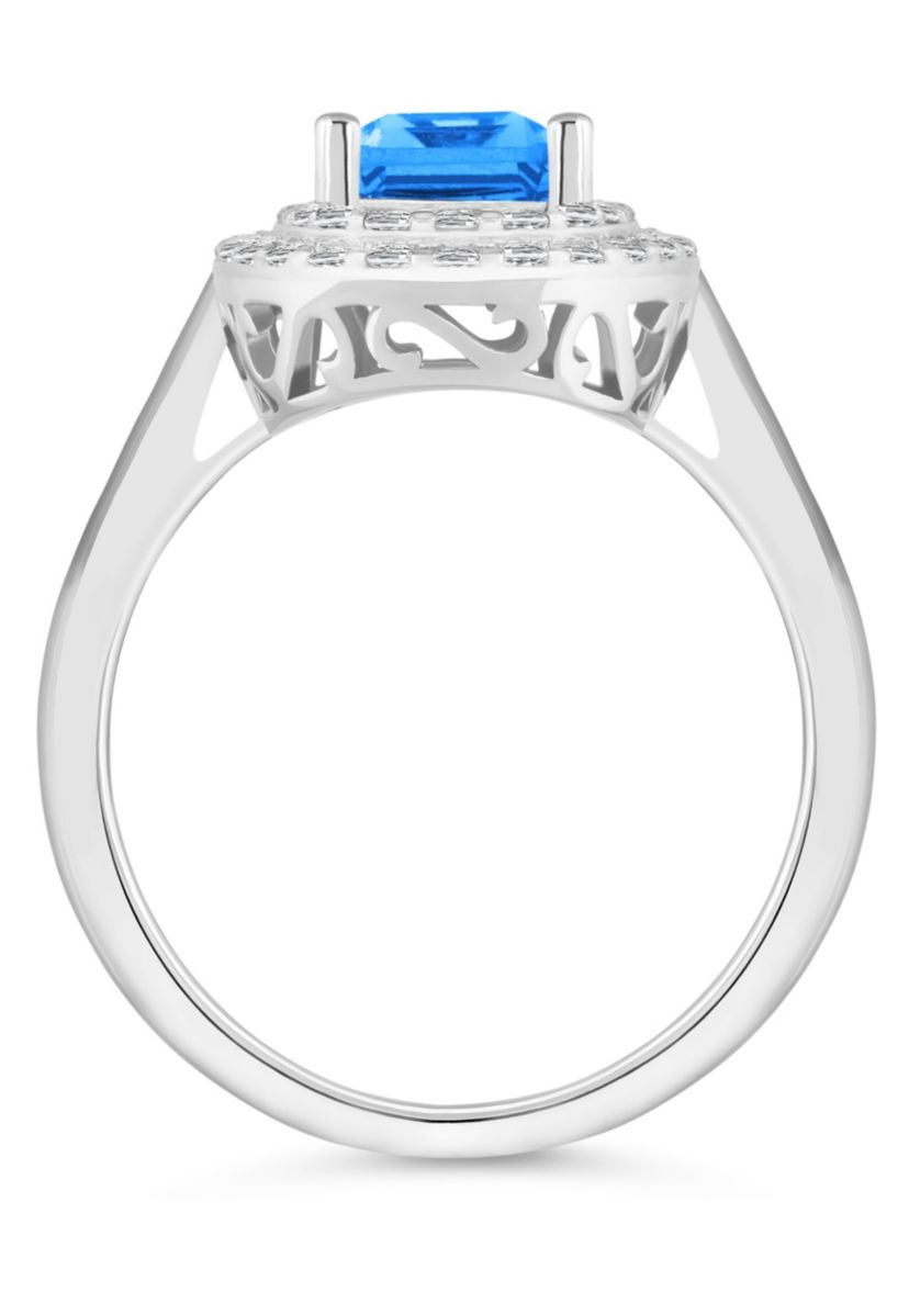 Sterling Silver 8x6mm Emerald Cut Blue Topaz And White Topaz Double Halo Ring