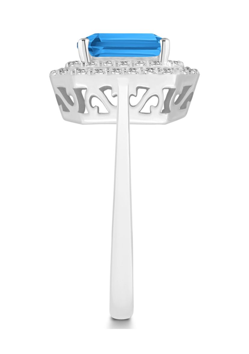Sterling Silver 8x6mm Emerald Cut Blue Topaz And White Topaz Double Halo Ring