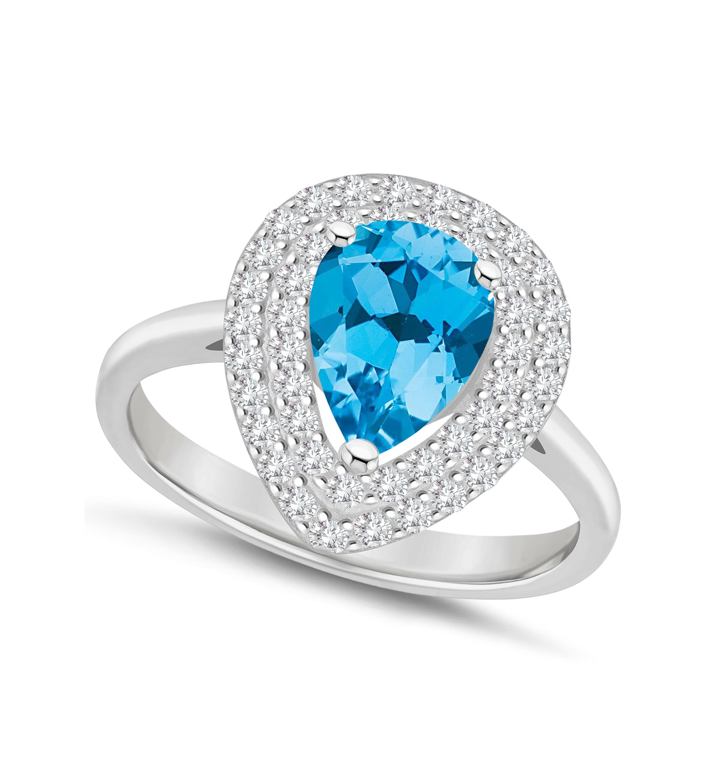 Sterling Silver 8x5mm Pear Shape Blue Topaz And White Topaz Double Halo Ring