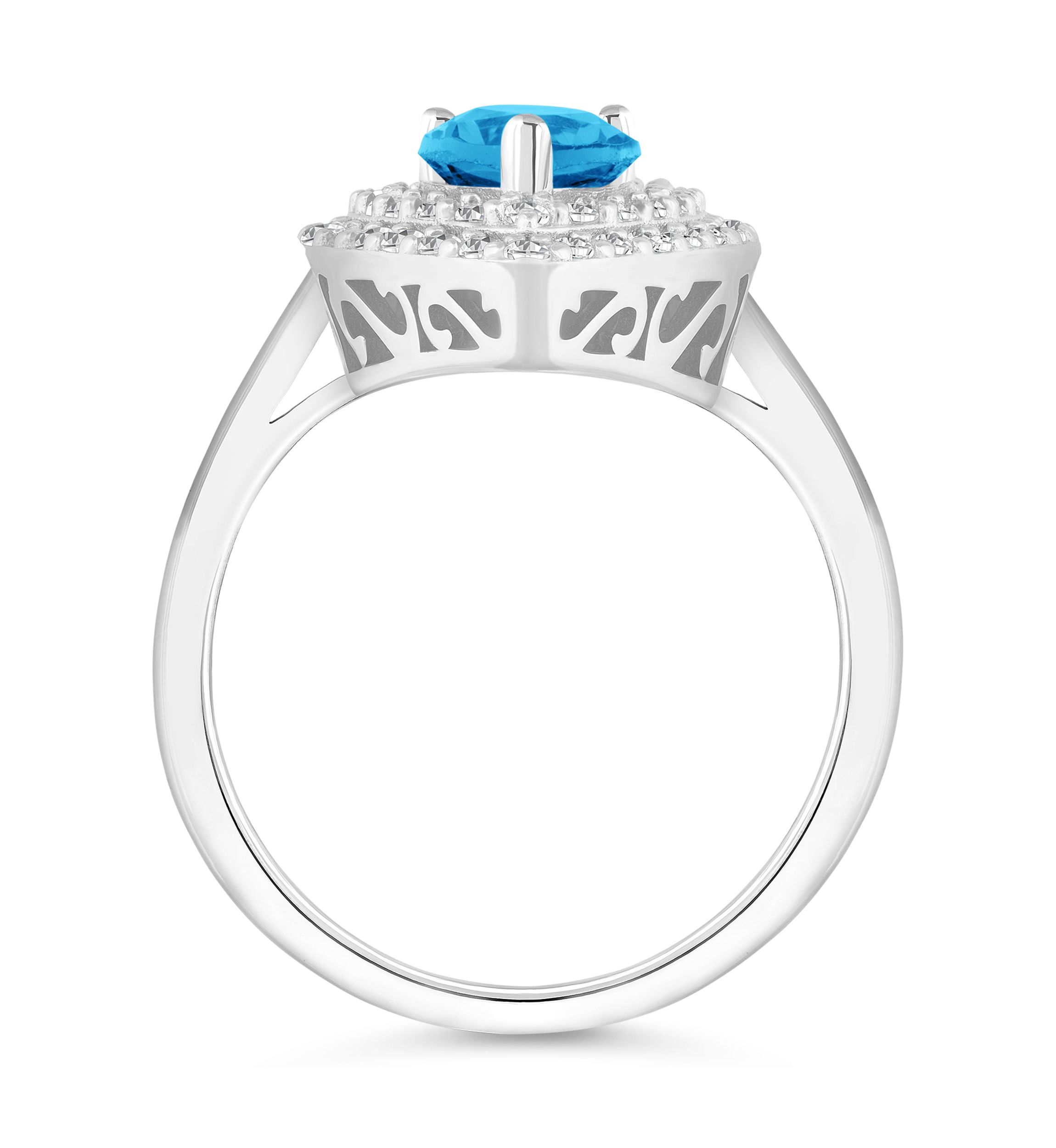 Sterling Silver 8x5mm Pear Shape Blue Topaz And White Topaz Double Halo Ring