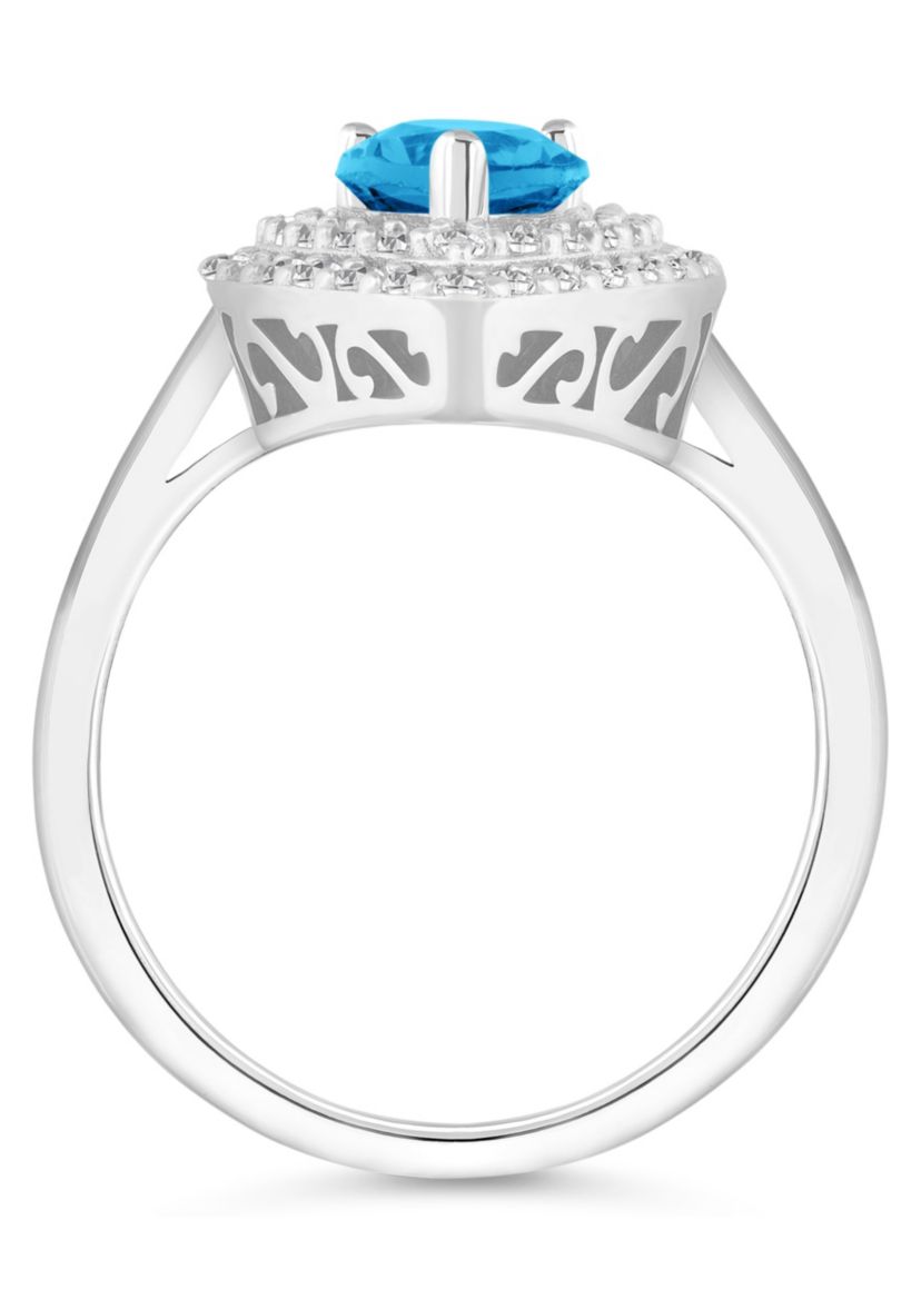Sterling Silver 8x5mm Pear Shape Blue Topaz And White Topaz Double Halo Ring