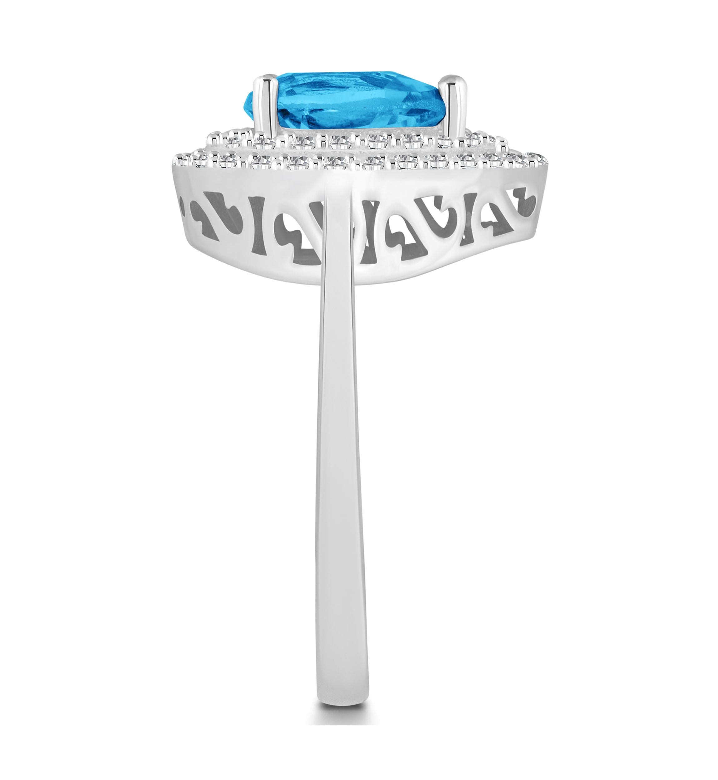 Sterling Silver 8x5mm Pear Shape Blue Topaz And White Topaz Double Halo Ring
