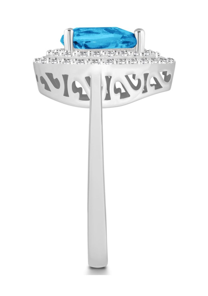 Sterling Silver 8x5mm Pear Shape Blue Topaz And White Topaz Double Halo Ring