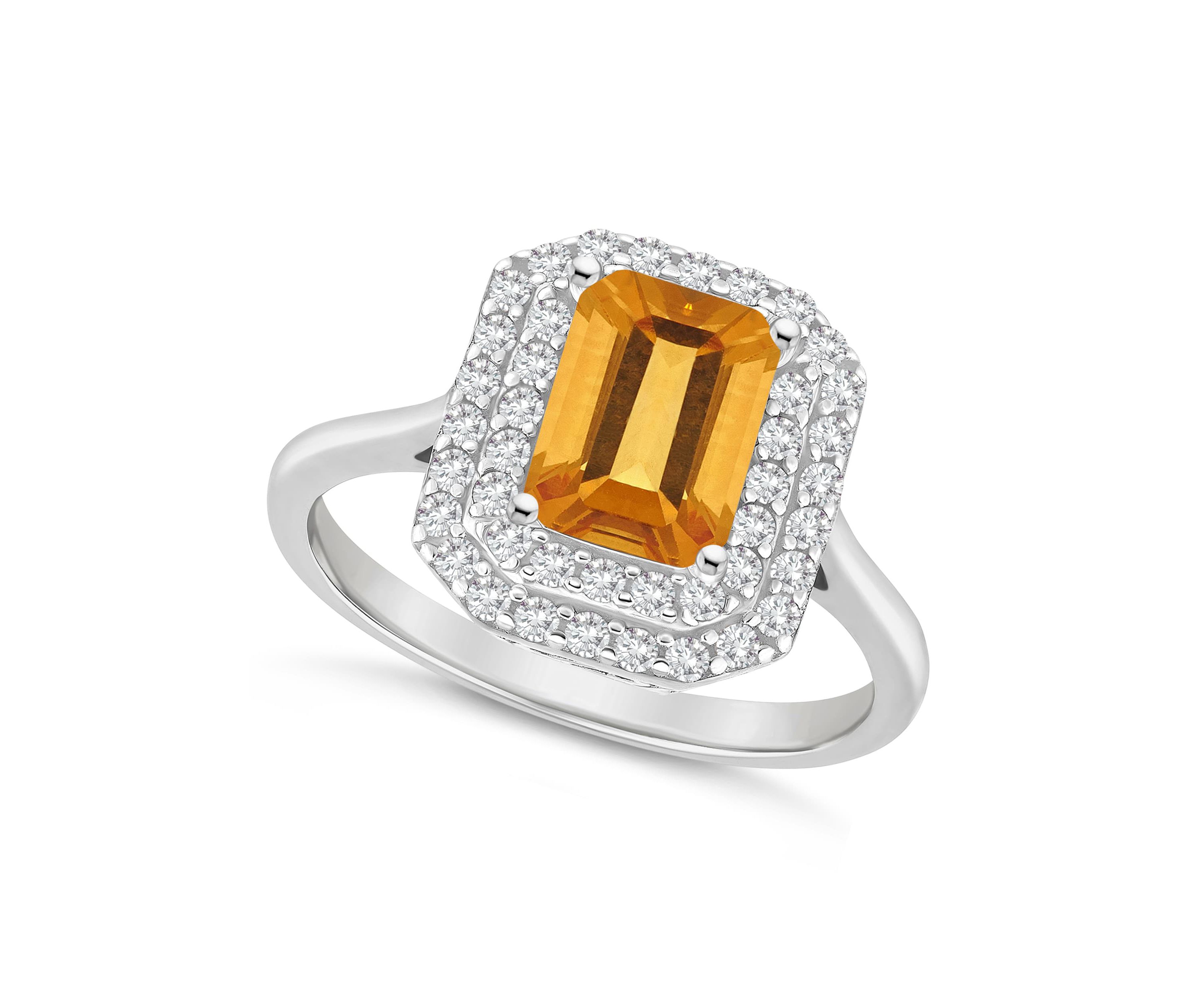 Sterling Silver 8x6mm Emerald Cut Citrine And White Topaz Double Halo Ring