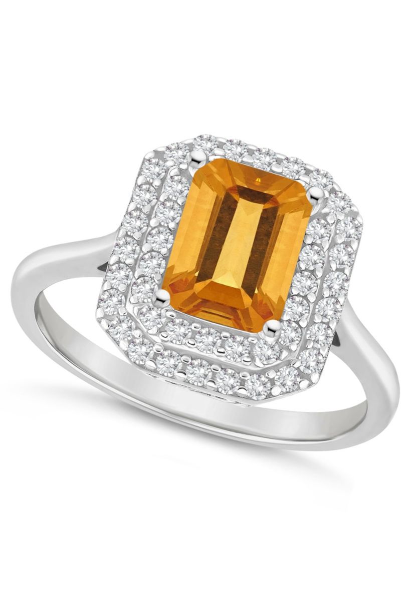 Sterling Silver 8x6mm Emerald Cut Citrine And White Topaz Double Halo Ring