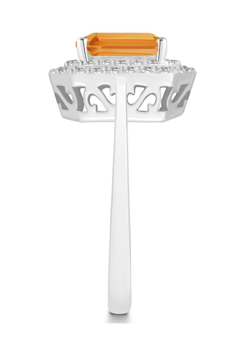 Sterling Silver 8x6mm Emerald Cut Citrine And White Topaz Double Halo Ring