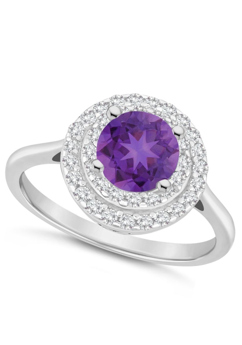 Sterling Silver 7mm Round Amethyst And White Topaz Double Halo Ring
