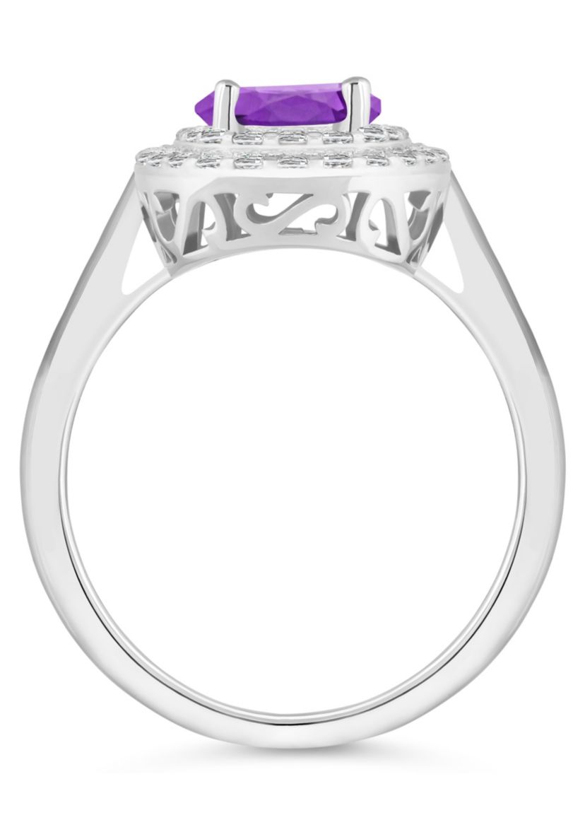 Sterling Silver 7mm Round Amethyst And White Topaz Double Halo Ring