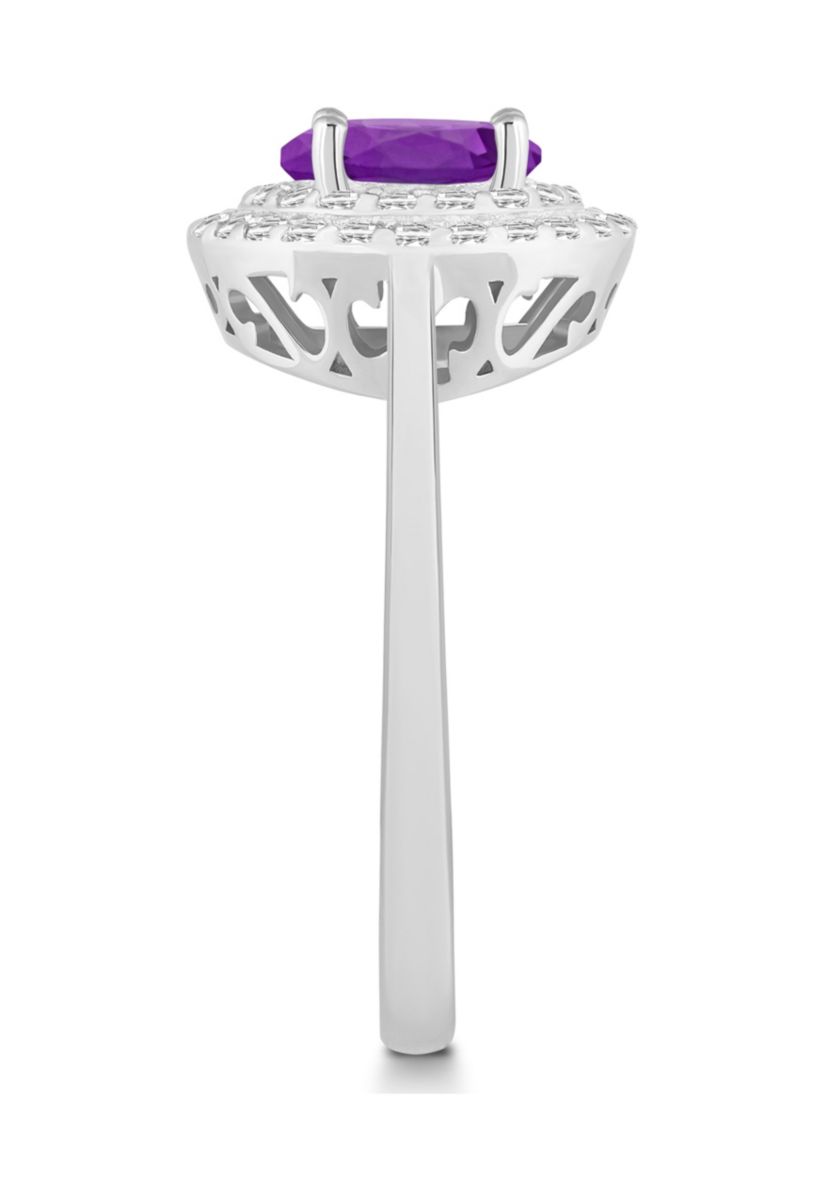 Sterling Silver 7mm Round Amethyst And White Topaz Double Halo Ring