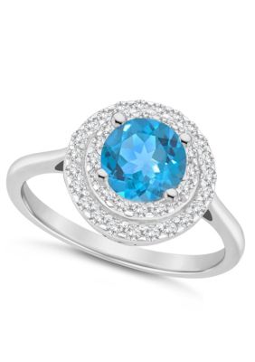 Sterling Silver 7mm Round Blue Topaz And White Double Halo Ring