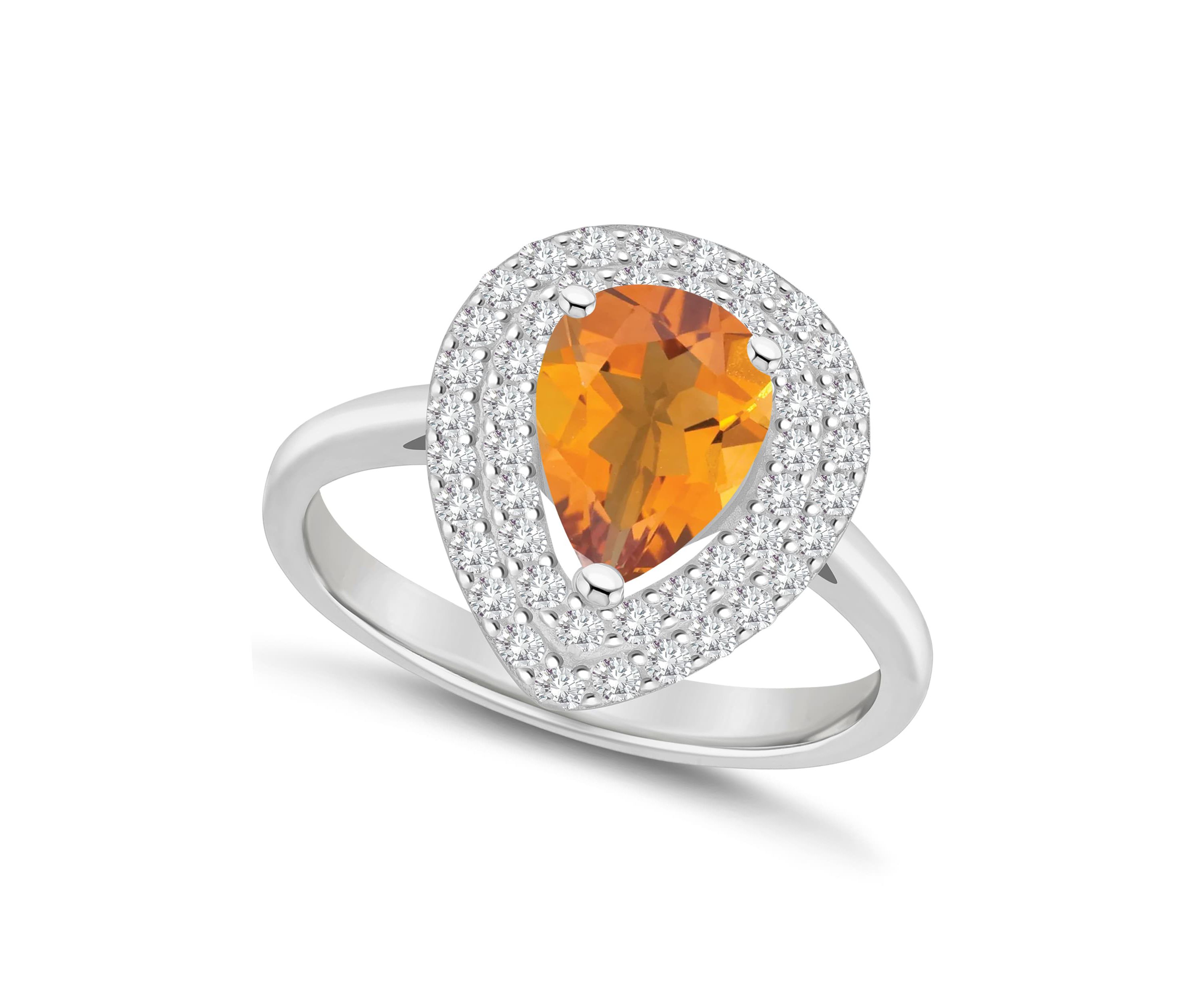 Sterling Silver 8x5mm Pear Shape Citrine And White Topaz Double Halo Ring