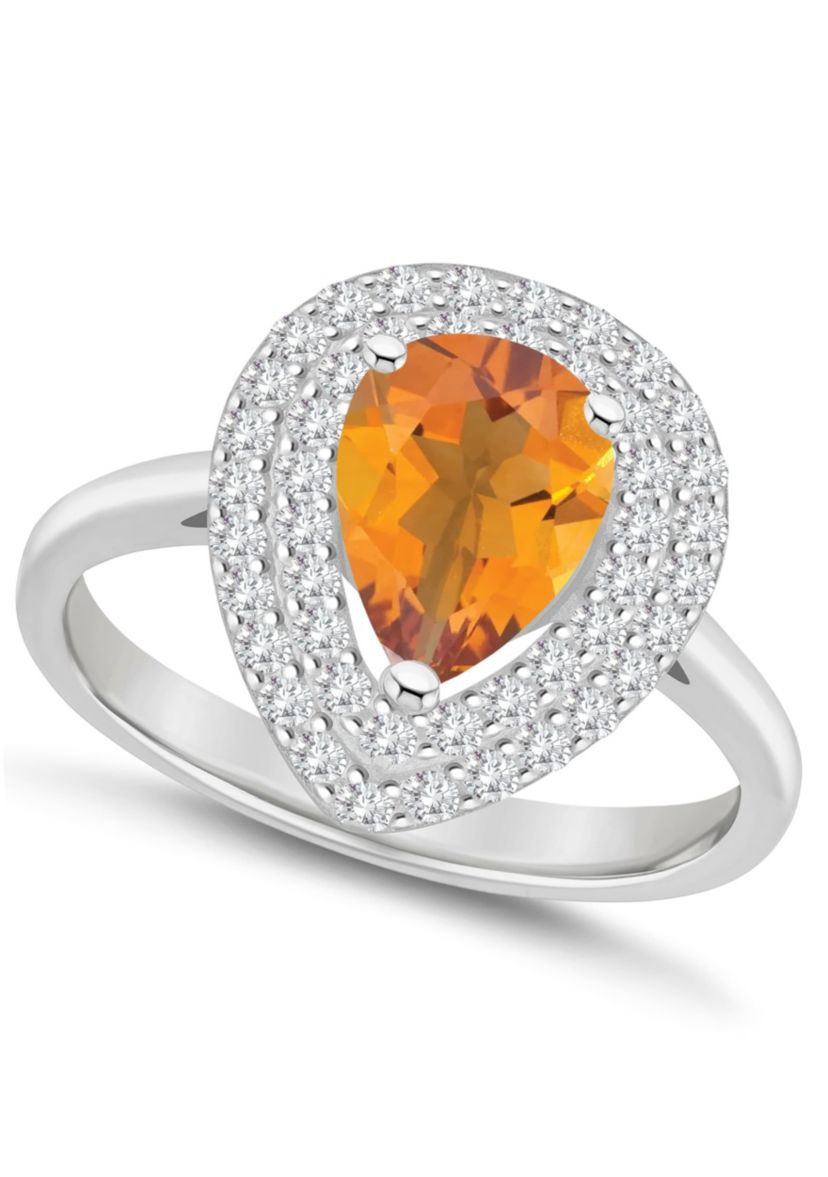 Sterling Silver 8x5mm Pear Shape Citrine And White Topaz Double Halo Ring