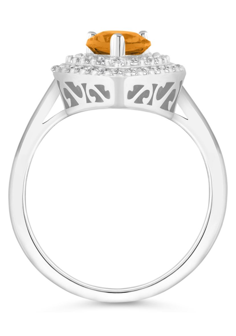 Sterling Silver 8x5mm Pear Shape Citrine And White Topaz Double Halo Ring