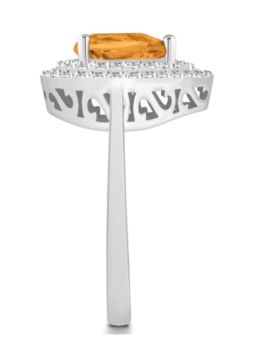 Sterling Silver 8x5mm Pear Shape Citrine And White Topaz Double Halo Ring