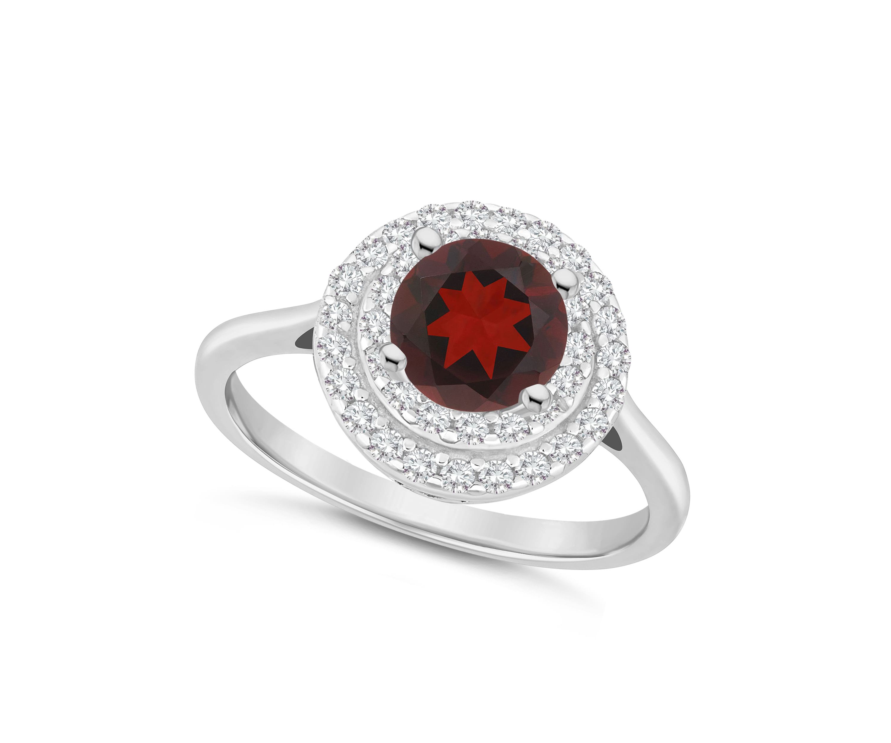Sterling Silver 7mm Round Garnet And White Topaz Double Halo Ring