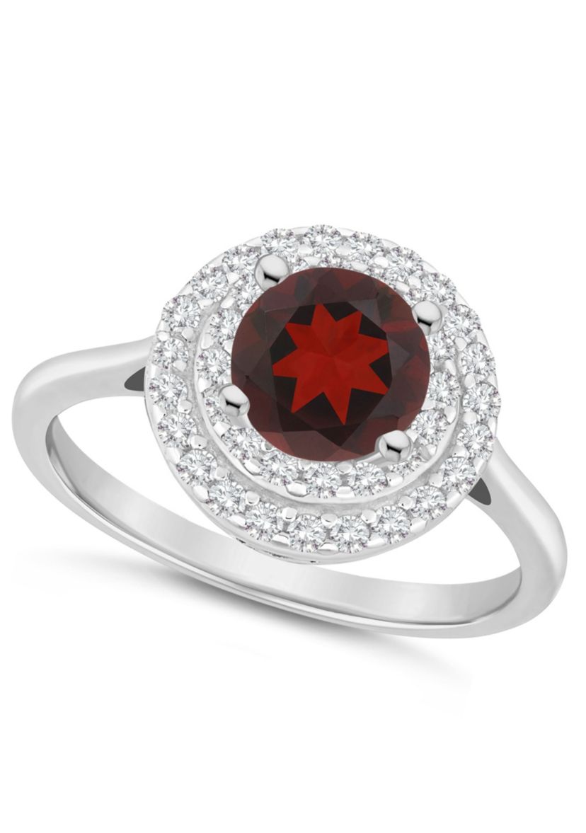 Sterling Silver 7mm Round Garnet And White Topaz Double Halo Ring