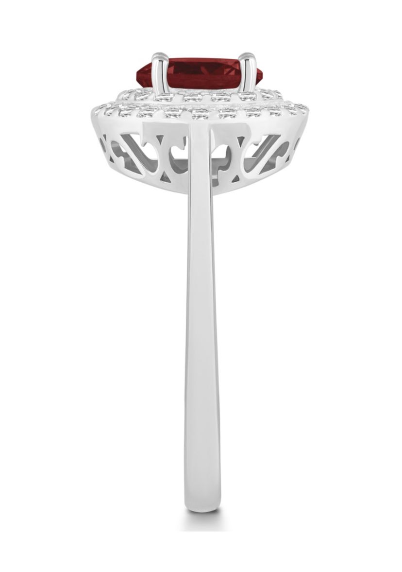 Sterling Silver 7mm Round Garnet And White Topaz Double Halo Ring