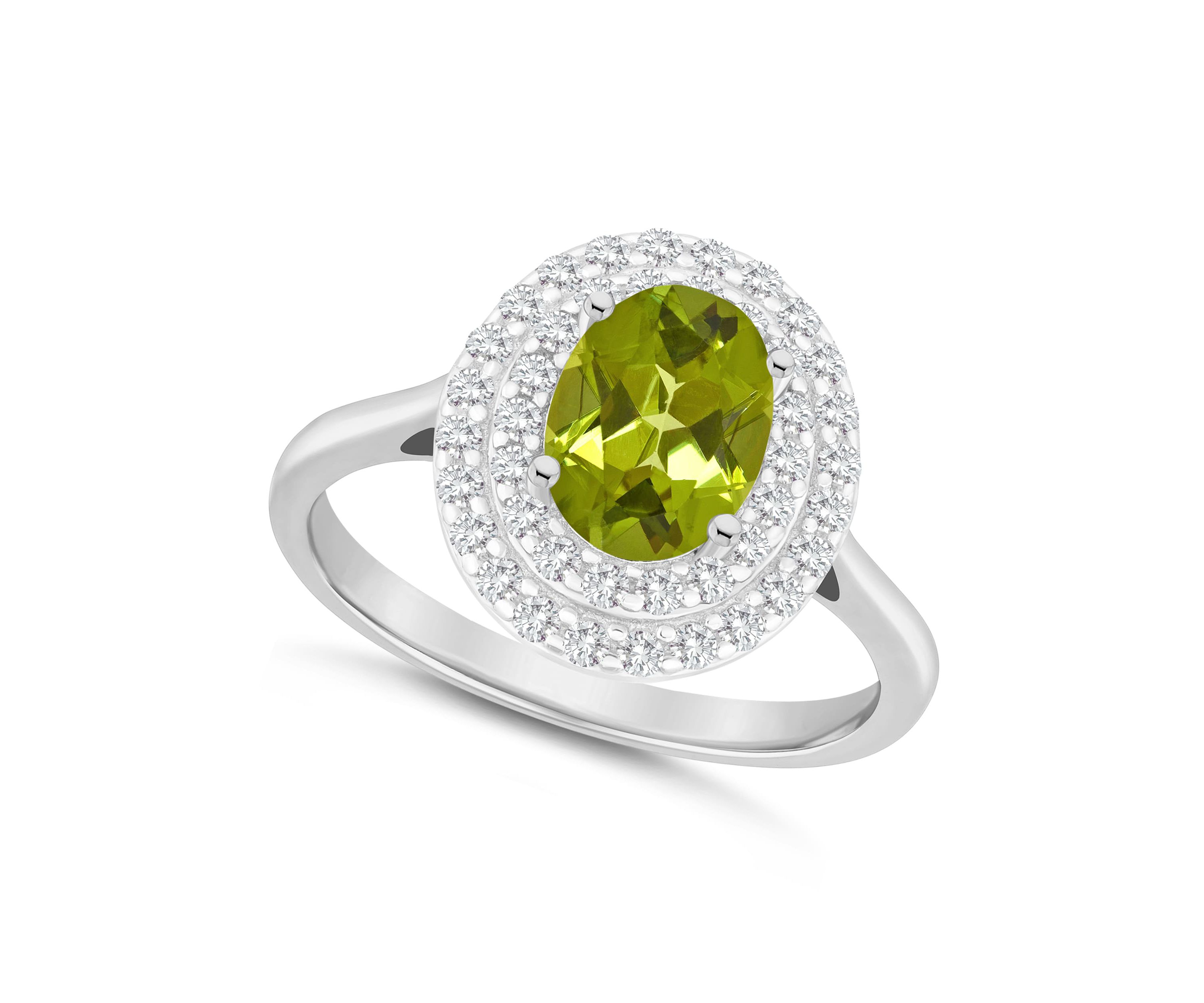 Sterling Silver 8x6mm Oval Peridot And White Topaz Double Halo Ring