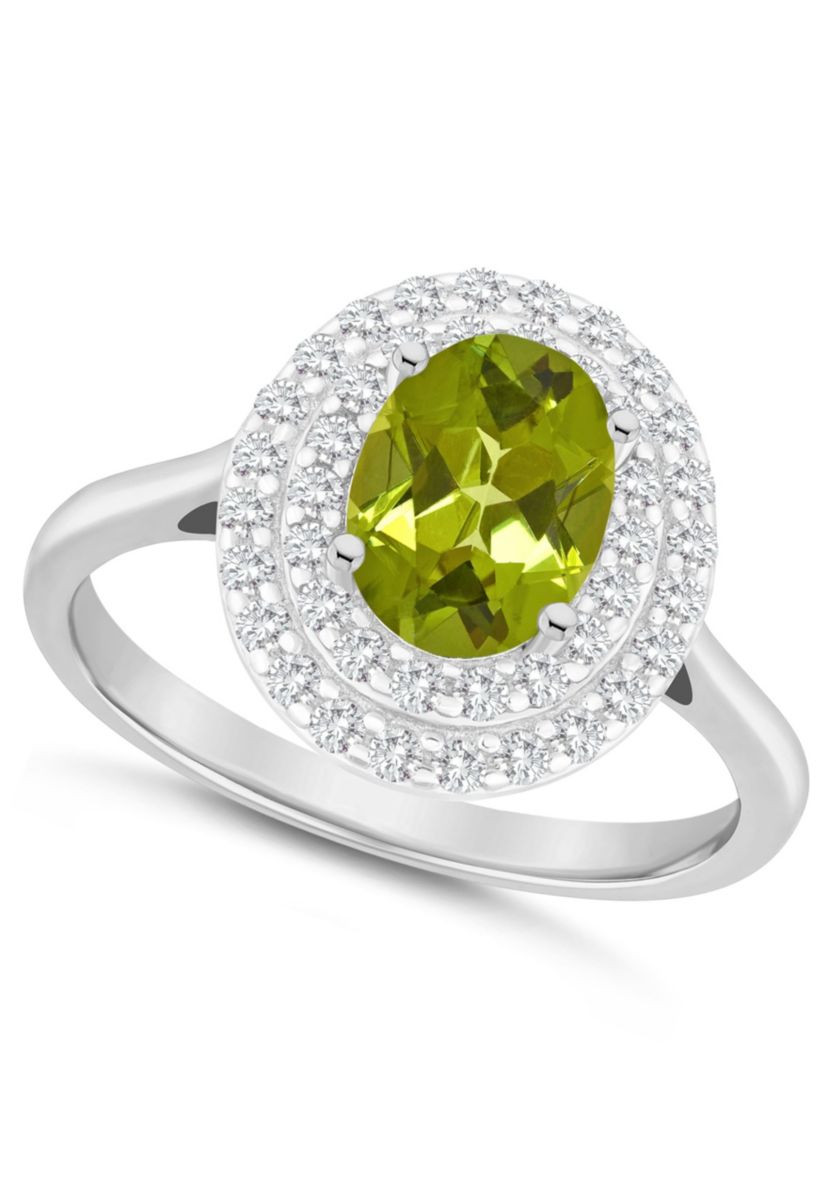 Sterling Silver 8x6mm Oval Peridot And White Topaz Double Halo Ring