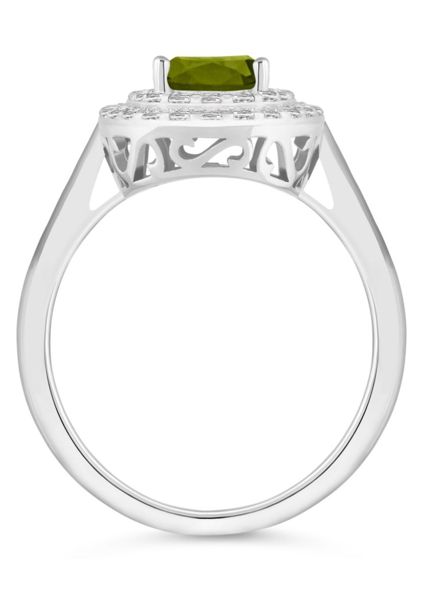 Sterling Silver 8x6mm Oval Peridot And White Topaz Double Halo Ring