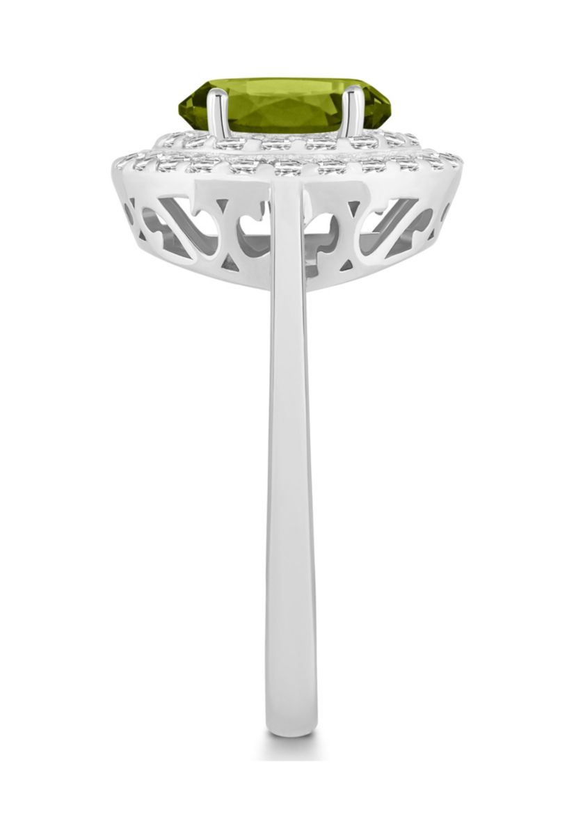 Sterling Silver 8x6mm Oval Peridot And White Topaz Double Halo Ring