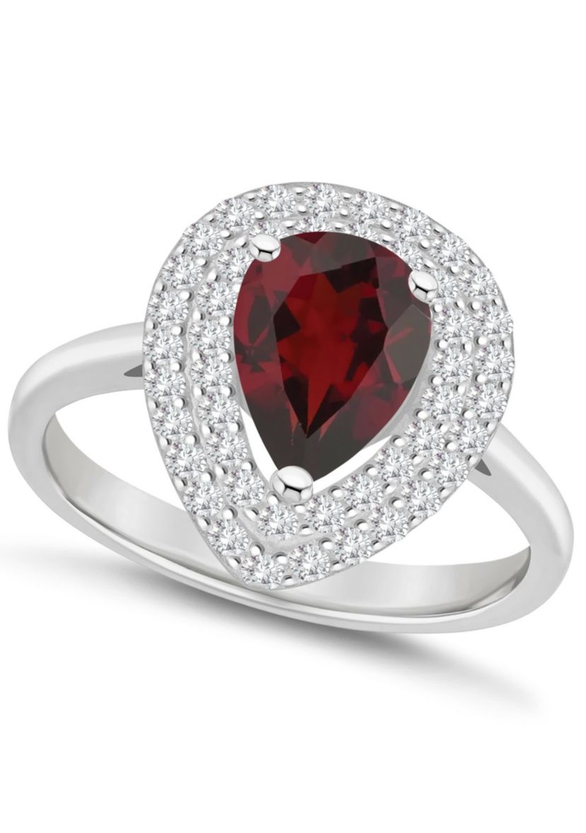 Sterling Silver 8x5mm Pear Shape Garnet And White Topaz Double Halo Ring