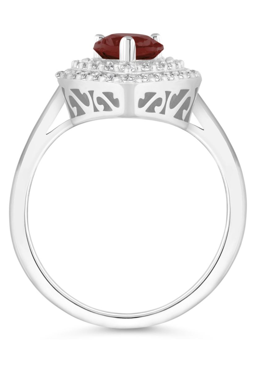 Sterling Silver 8x5mm Pear Shape Garnet And White Topaz Double Halo Ring